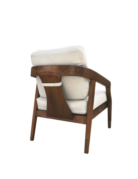 Fauteuil bas en bois massif et coussins tissu beige