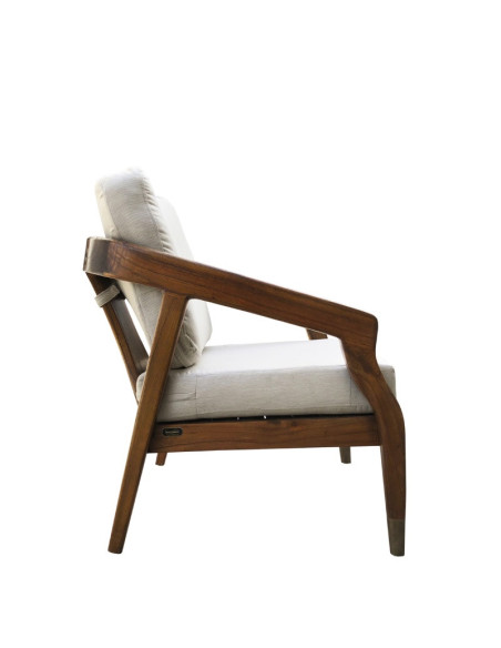 Fauteuil bas en bois massif et coussins tissu beige