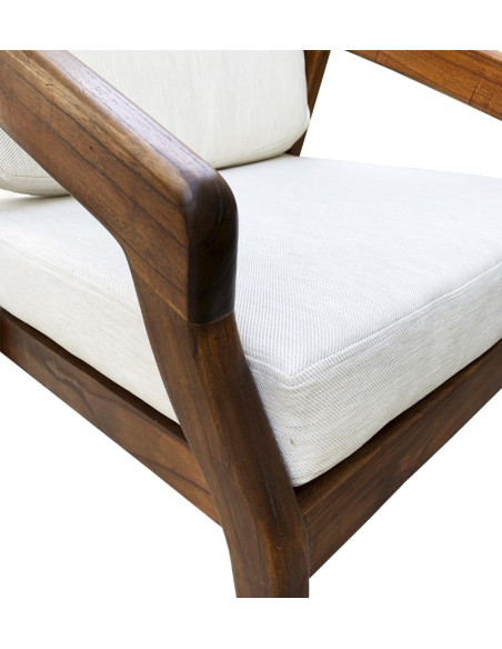 Fauteuil bas en bois massif et coussins tissu beige