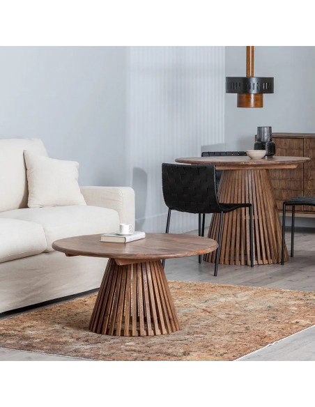 Table basse ronde pied ajouré bois massif teinté