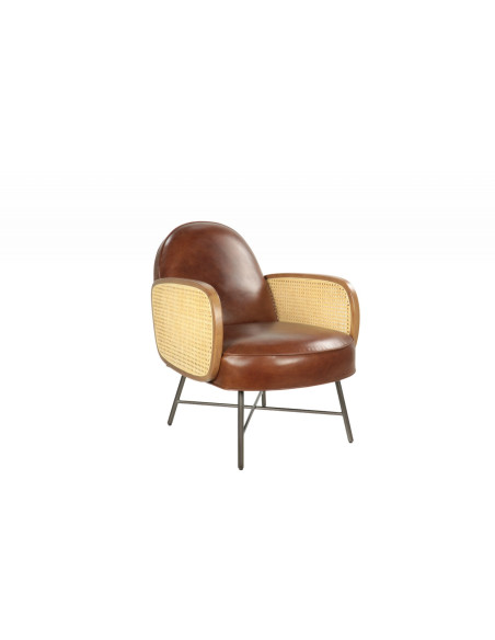 Fauteuil en cuir aux accoudoirs en cannage style rétro