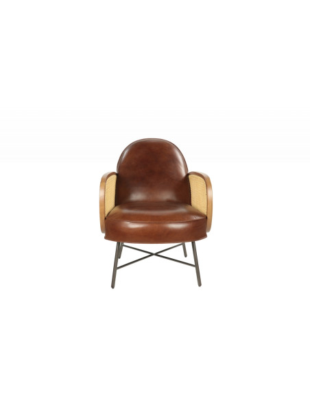 Fauteuil en cuir aux accoudoirs en cannage style rétro