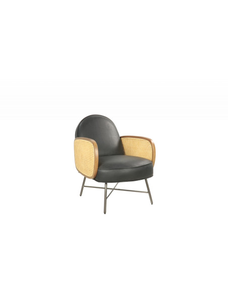 Fauteuil en cuir aux accoudoirs en cannage style rétro
