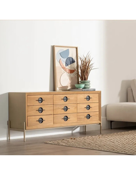 Buffet 9 tiroirs en bois et métal Aiko