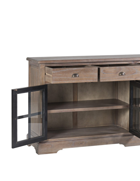 Grand buffet en bois massif avec tiroirs et portes vitrées