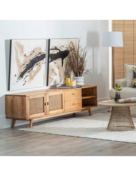 Meuble TV en mindi et rotin Ona 180 cm