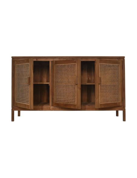 Buffet en teck massif avec 3 portes en rotin