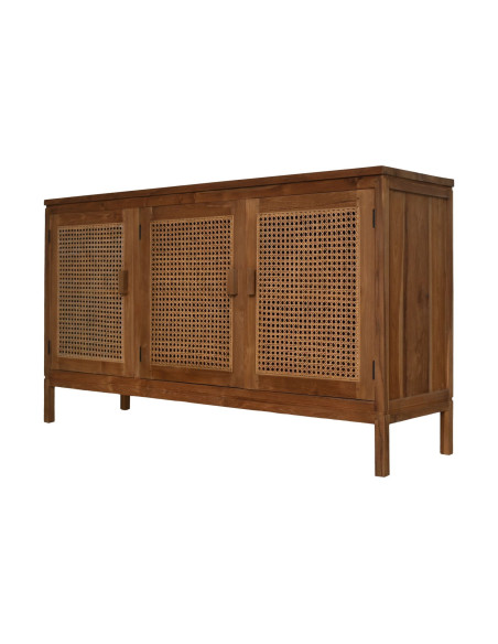 Buffet en teck massif avec 3 portes en rotin