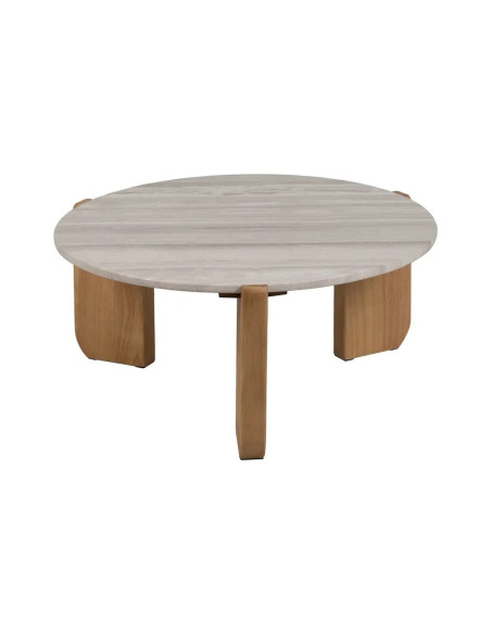 Table basse de salon en marbre et pieds chêne clair