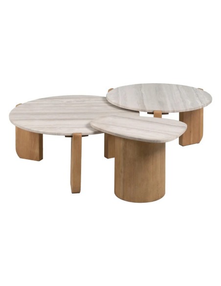 Table basse de salon en marbre et pieds chêne clair