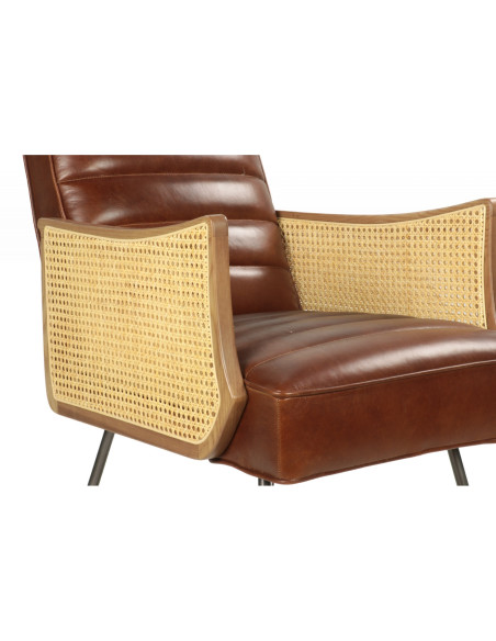 Fauteuil détente en cuir véritable et cannage