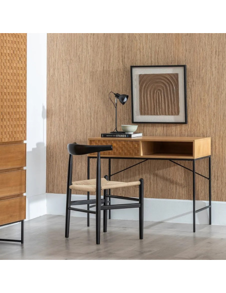 Bureau bois et métal avec tiroir damier et niche de rangement