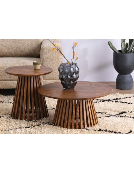 Table basse ronde pied ajouré bois massif teinté