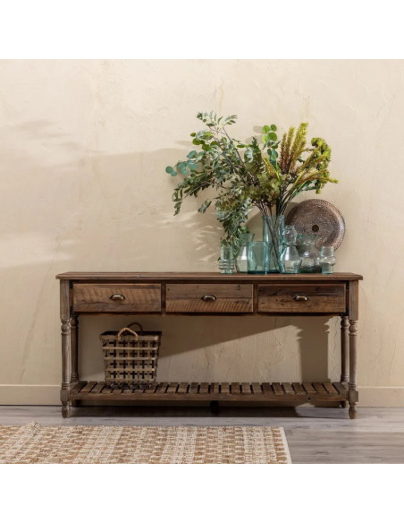 Grande console drapier avec tiroirs en bois vieilli