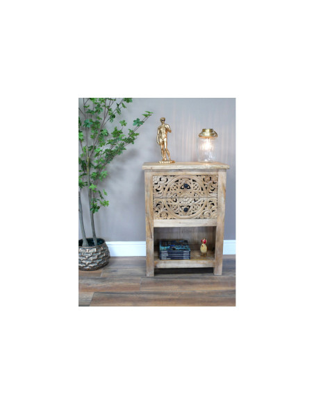 Table de chevet 2 tiroirs sculptés avec niche