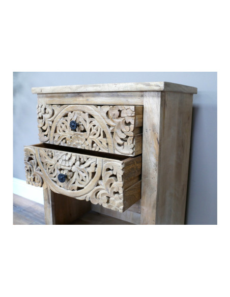 Table de chevet 2 tiroirs sculptés avec niche