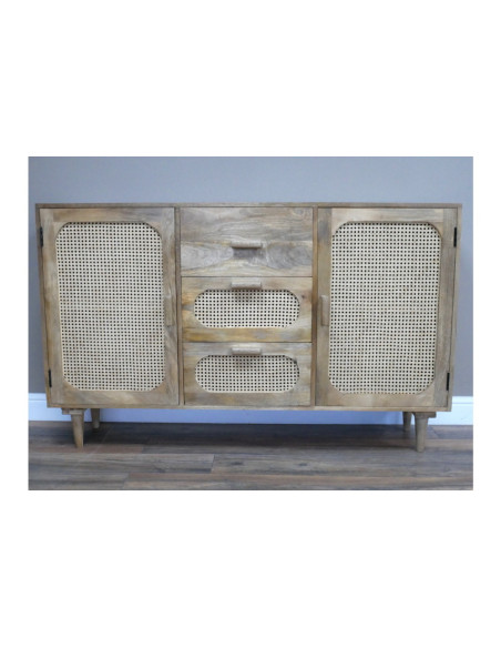 Meuble de rangement rétro 3 tiroirs et 2 portes rotin