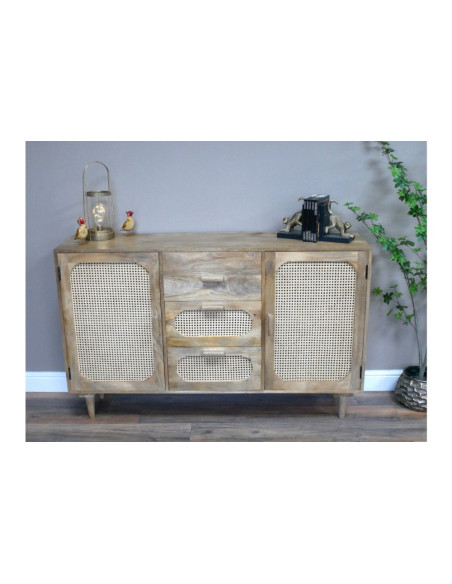 Meuble de rangement rétro 3 tiroirs et 2 portes rotin