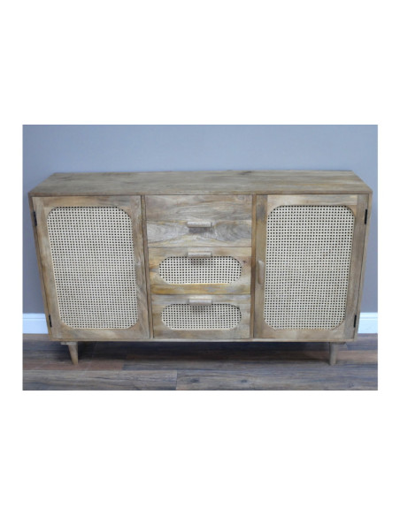 Meuble de rangement rétro 3 tiroirs et 2 portes rotin