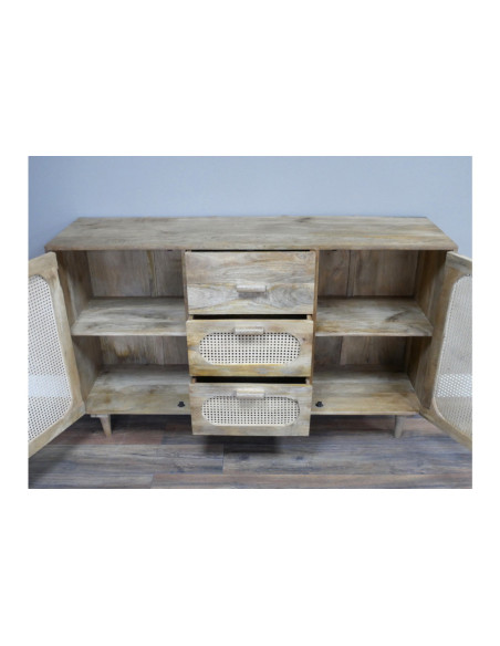 Meuble de rangement rétro 3 tiroirs et 2 portes rotin