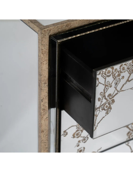 Chevet 3 tiroirs aux façades miroirs ornées de fleurs