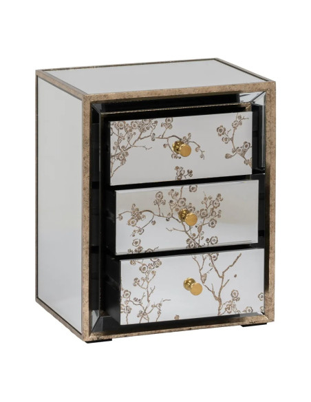 Chevet 3 tiroirs aux façades miroirs ornées de fleurs