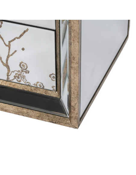 Chevet 3 tiroirs aux façades miroirs ornées de fleurs