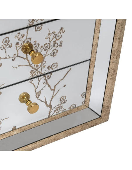 Chevet 3 tiroirs aux façades miroirs ornées de fleurs