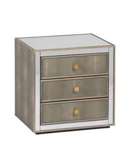 Table de chevet 3 tiroirs simili cuir effet serpent et miroirs
