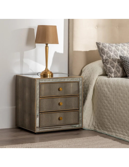 Table de chevet 3 tiroirs simili cuir effet serpent et miroirs