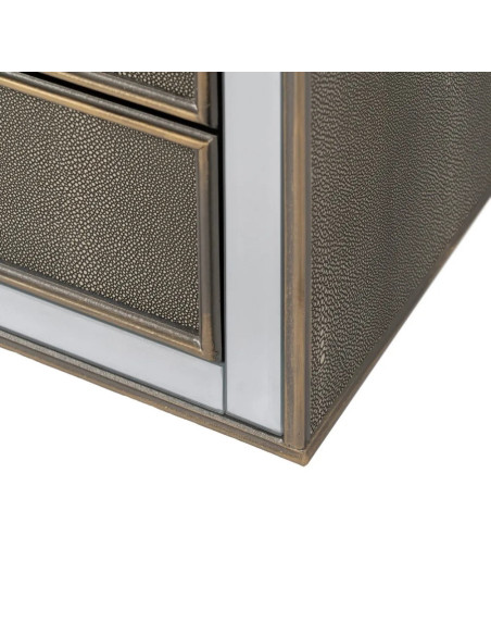 Table de chevet 3 tiroirs simili cuir effet serpent et miroirs