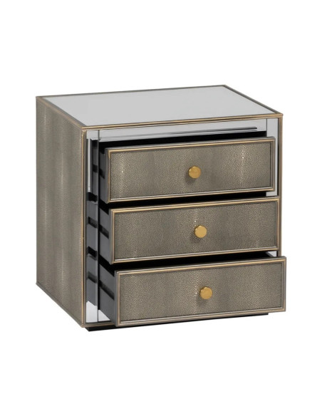 Table de chevet 3 tiroirs simili cuir effet serpent et miroirs