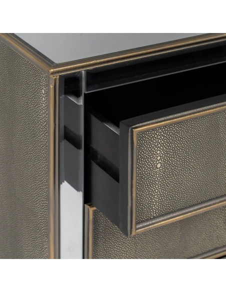 Table de chevet 3 tiroirs simili cuir effet serpent et miroirs