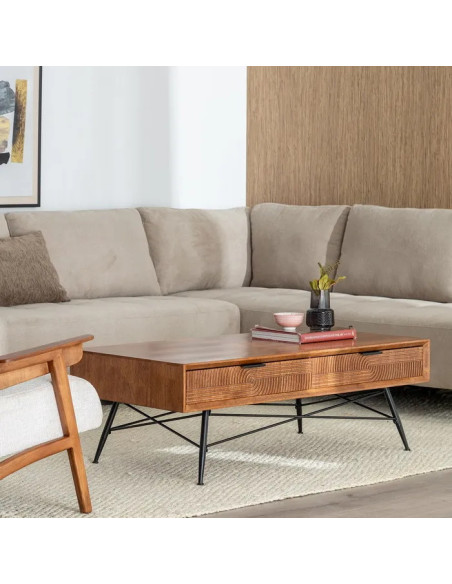 Table basse en hévéa et métal Lagom 4 tiroirs