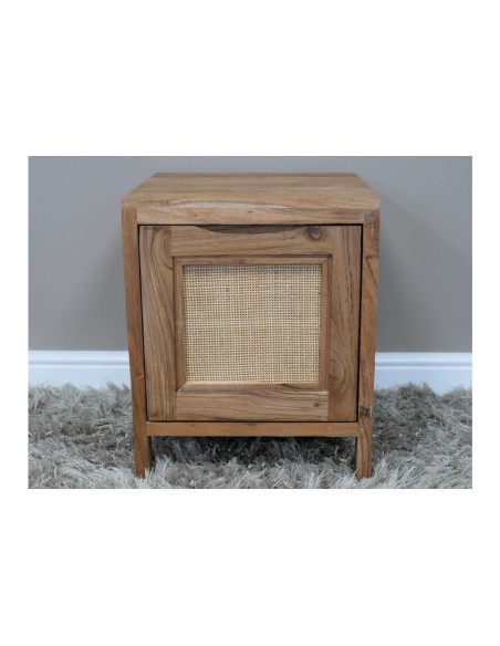 Table de chevet en acacia et porte en rotin