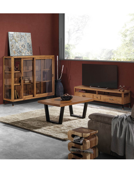 Meuble TV avec tiroirs bois mindi massif