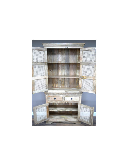 Armoire haute en manguier et rotin