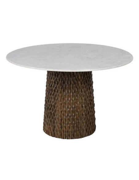 Table de repas ronde en manguier texturé et marbre