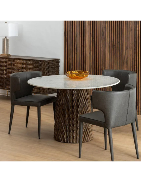 Table de repas ronde en manguier texturé et marbre