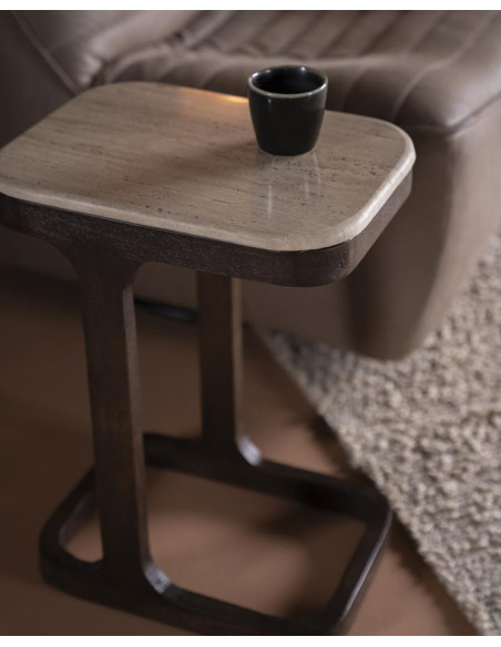Table d'appoint plateau travertin et piètement bois Tyler