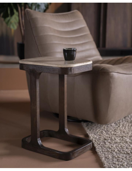 Table d'appoint plateau travertin et piètement bois Tyler