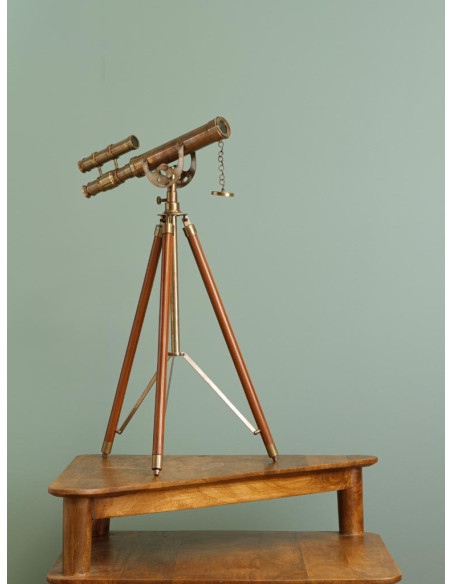 Télescope double lentille en laiton sur trépied en bois