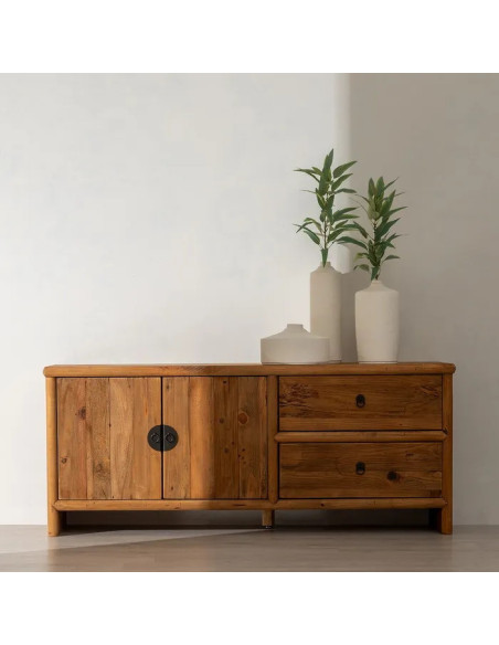 Meuble TV en bois naturel deux portes et deux tiroirs