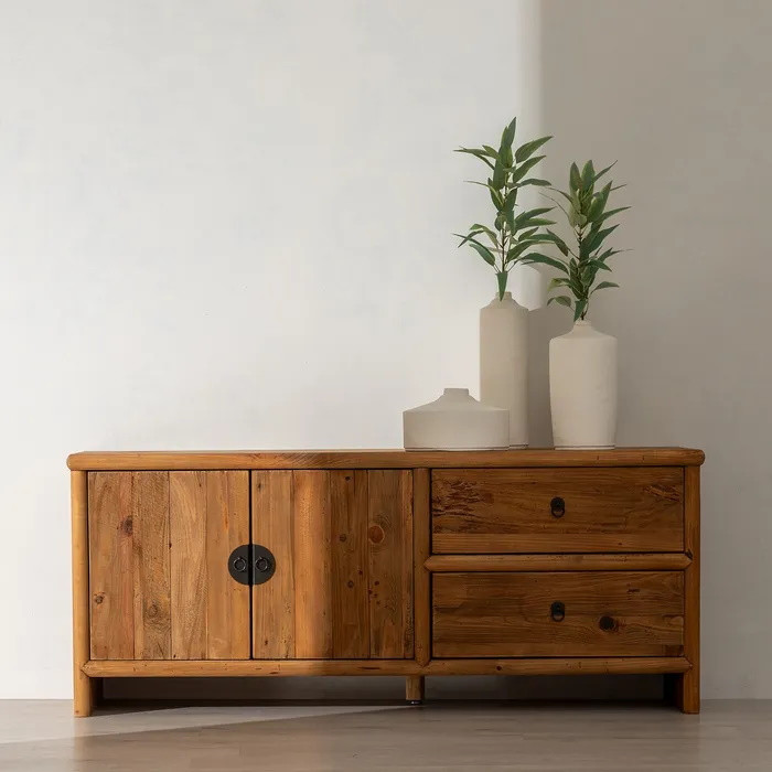 Meuble TV Blanc Et Bois Avec Portes Et Tiroirs En Rotin – Style Campagnard Naturel, Dimensions 170x46x39,5 Cm