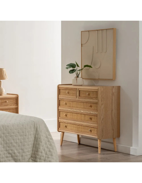Commode en bois et rotin 5 tiroirs