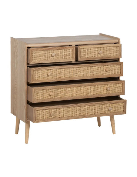 Commode en bois et rotin 5 tiroirs