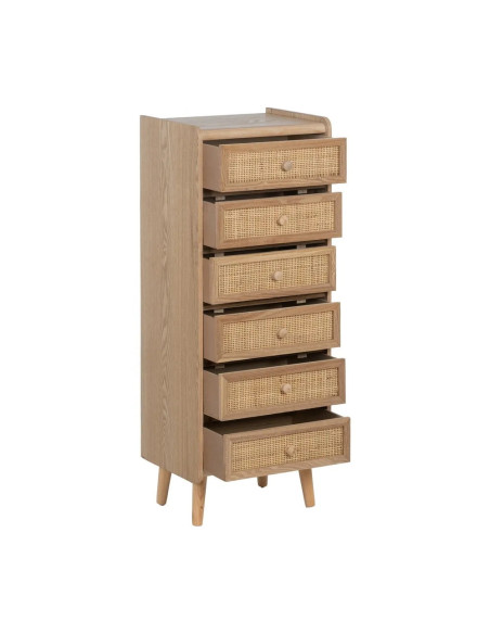 Chiffonnier 6 tiroirs en bois et rotin