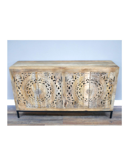 Buffet bois massif sculpté avec piètement métallique