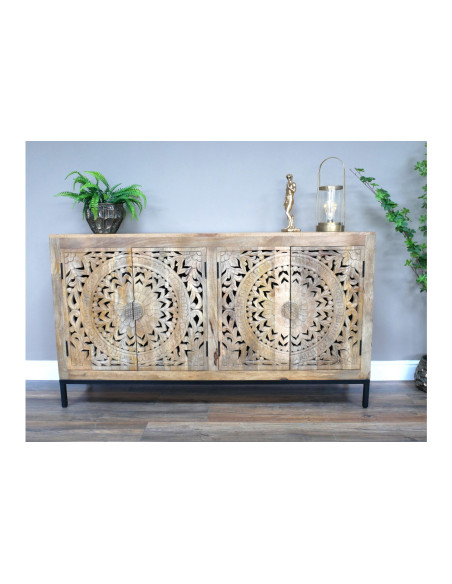 Buffet bois massif sculpté avec piètement métallique