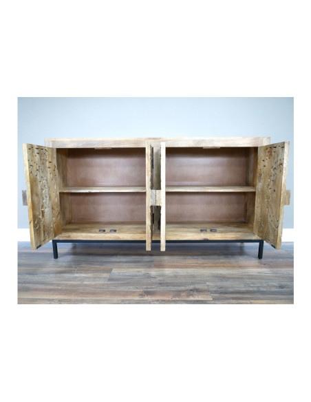 Buffet bois massif sculpté avec piètement métallique